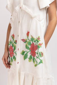 White linen type dress with computerized embroidery