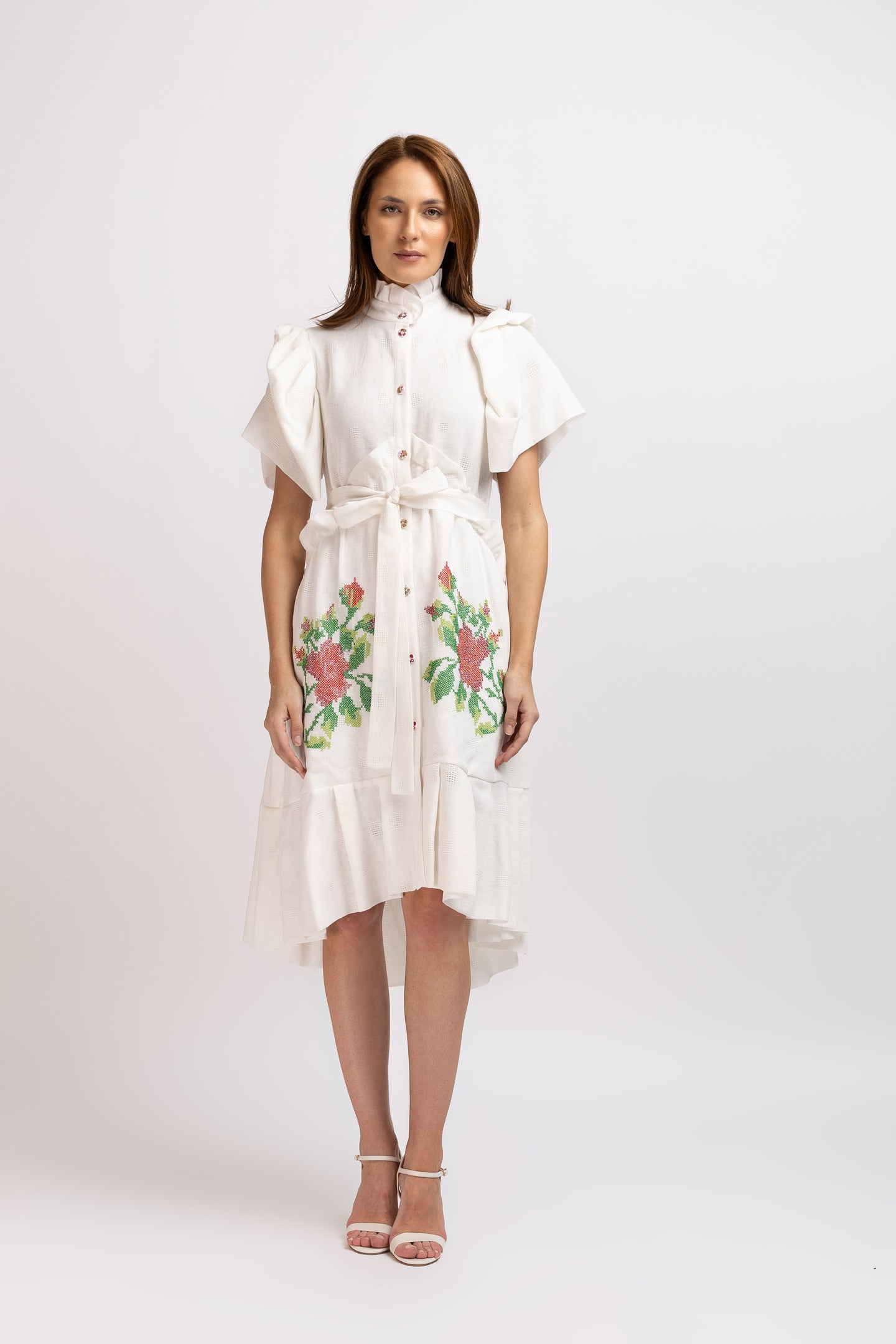 White linen type dress with computerized embroidery