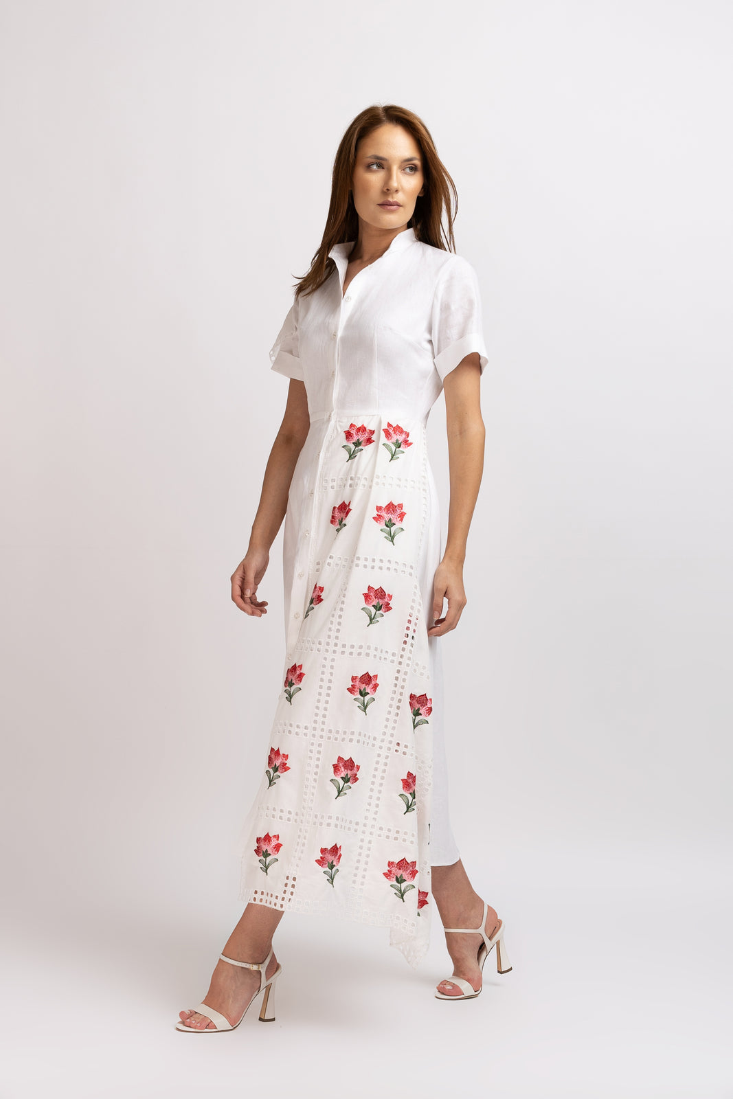 Load image into Gallery viewer, White cotton shirt dress with broken embroidery and belt at the waist