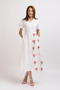 White linen shirt dress with embroidered panel