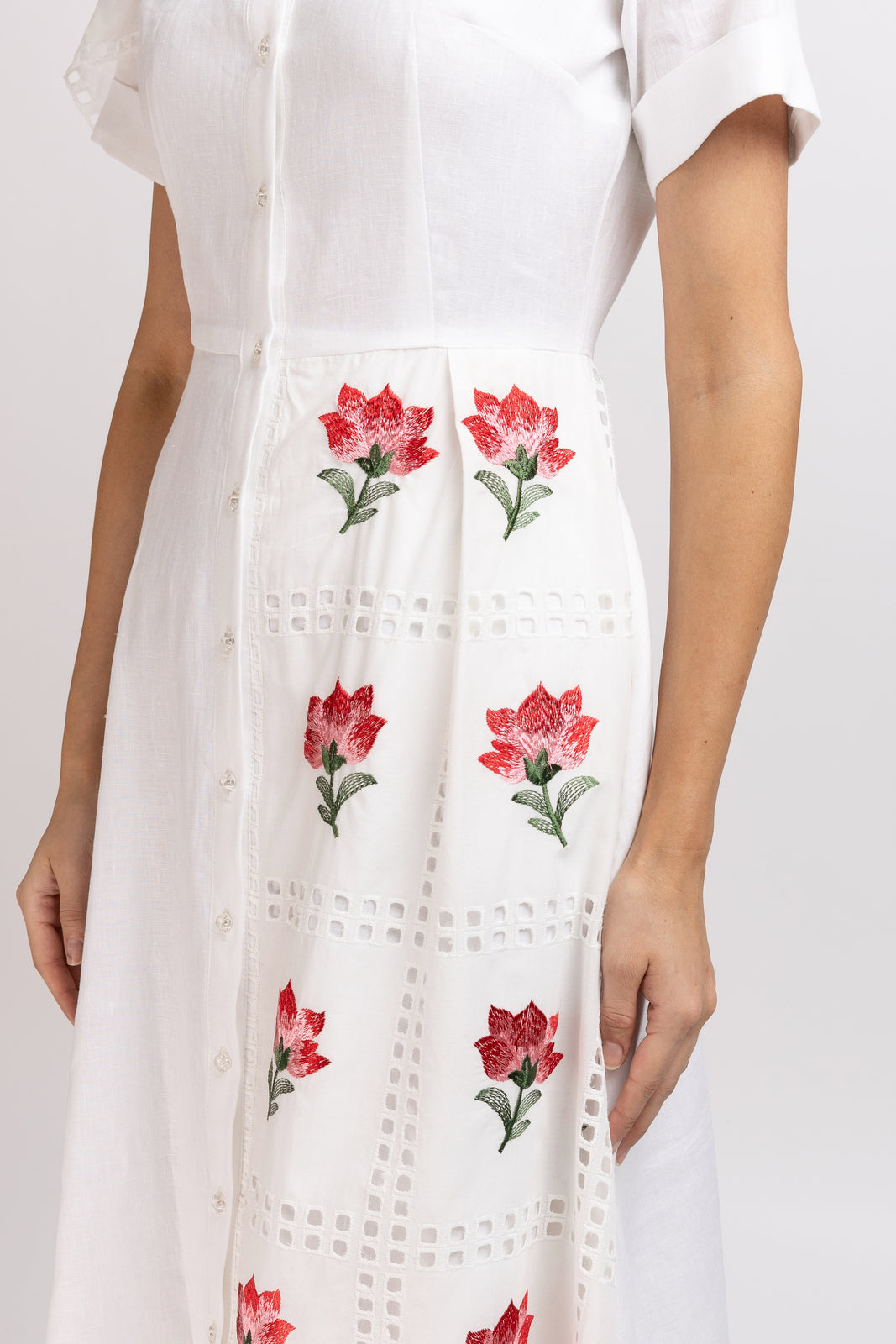 Load image into Gallery viewer, White cotton shirt dress with broken embroidery and belt at the waist