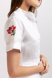 White linen shirt dress with embroidered panel