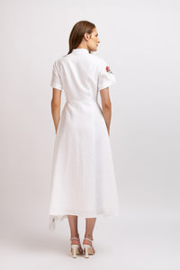 White linen shirt dress with embroidered panel