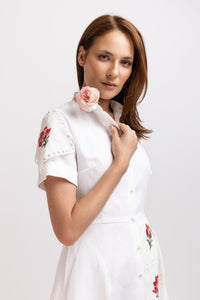 White linen shirt dress with embroidered panel