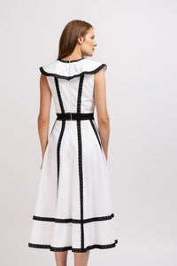 White cotton shirt dress with broken embroidery and belt at the waist