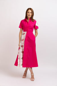 Fuchsia cotton shirt dress with embroidered panel