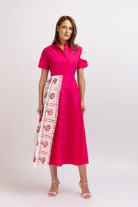 Fuchsia cotton shirt dress with embroidered panel