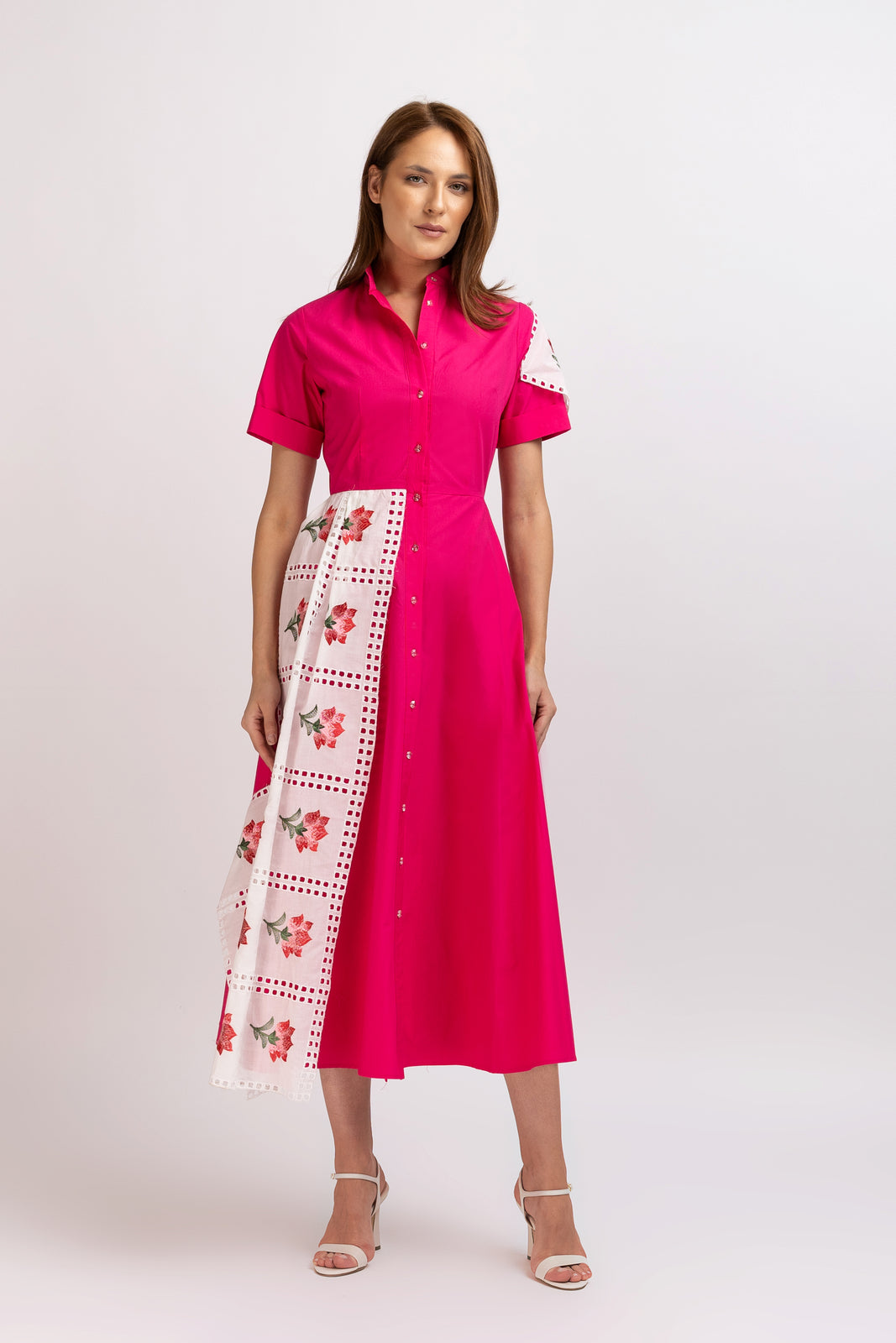 Load image into Gallery viewer, Fuchsia cotton shirt dress with embroidered panel