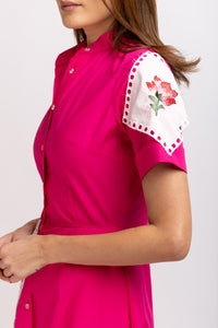 Fuchsia cotton shirt dress with embroidered panel