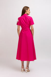 Fuchsia cotton shirt dress with embroidered panel