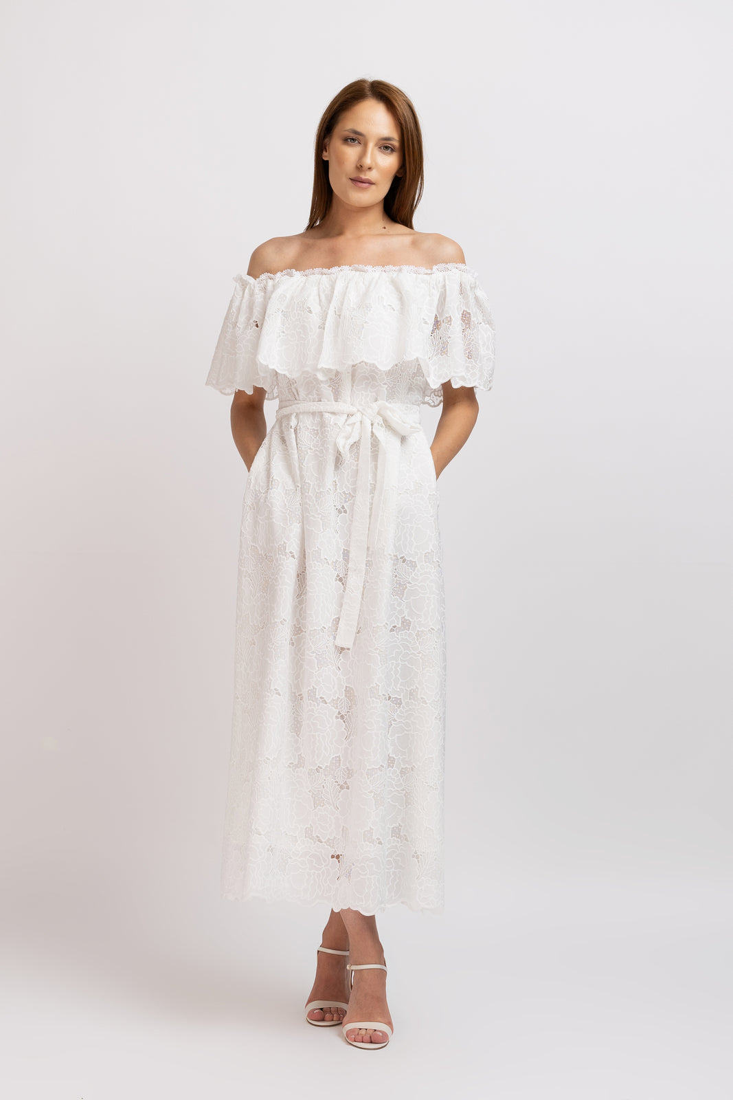 Load image into Gallery viewer, White cotton midi dress with floral embroidery and cropped shoulders