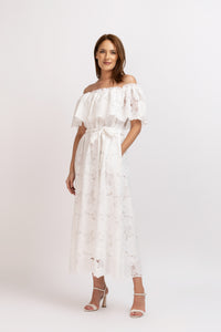 White cotton midi dress with floral embroidery and cropped shoulders