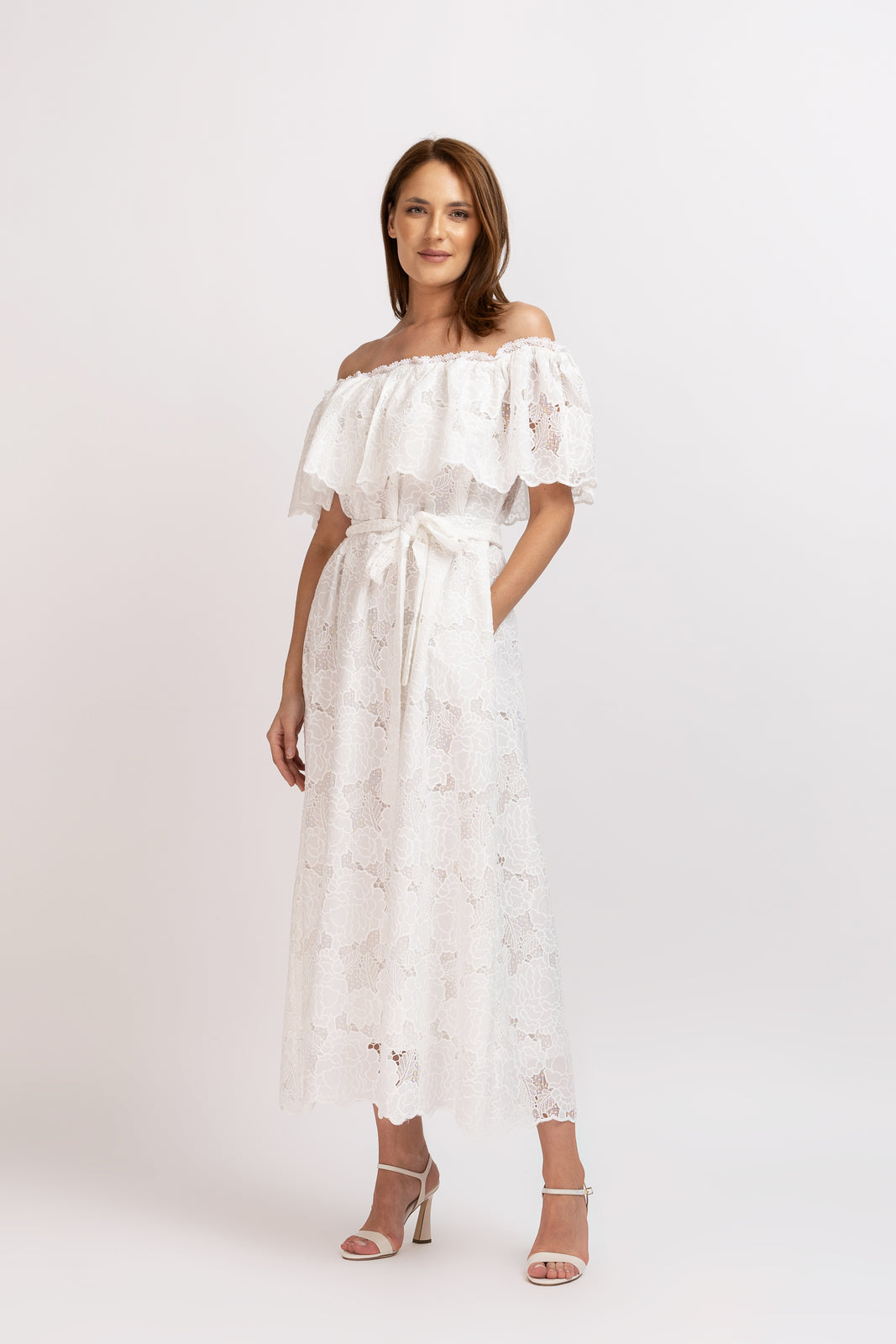 Load image into Gallery viewer, White cotton midi dress with floral embroidery and cropped shoulders