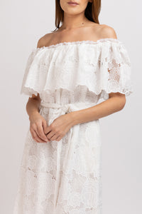 White cotton midi dress with floral embroidery and cropped shoulders