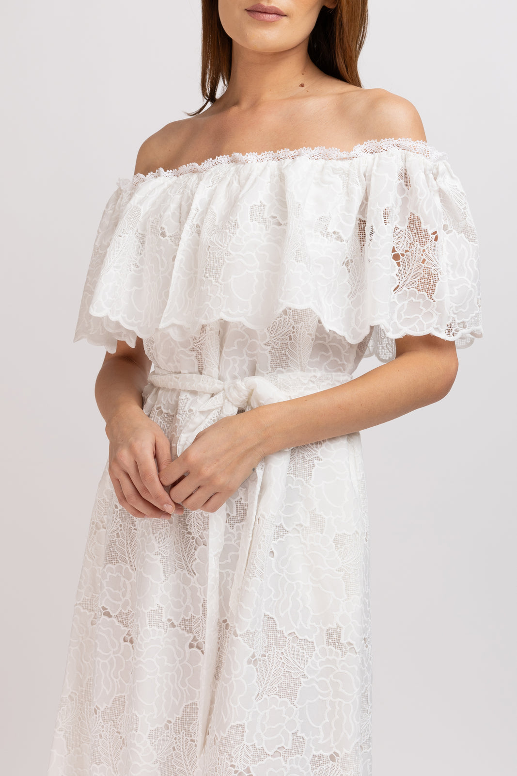 Load image into Gallery viewer, White cotton midi dress with floral embroidery and cropped shoulders