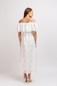 White cotton midi dress with floral embroidery and cropped shoulders