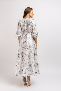 Long dress in vascose with 3/4 sleeves and drawstrings