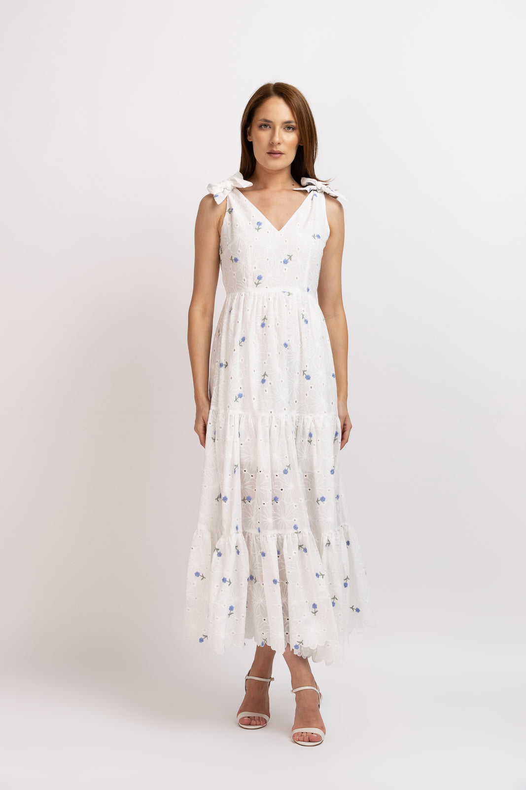 Load image into Gallery viewer, White cotton shirt dress with broken embroidery