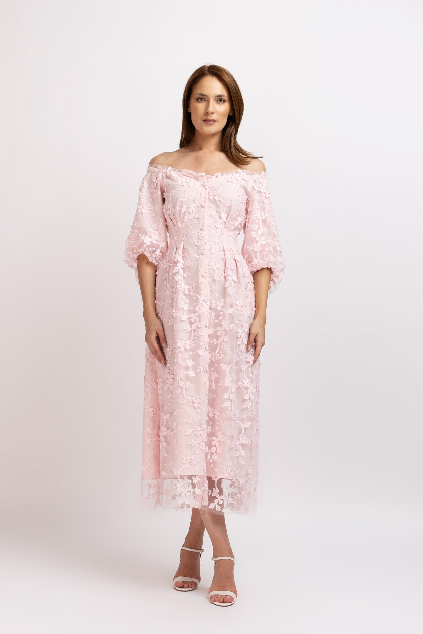 Light pink embroidered tulle midi dress with cut-out shoulders