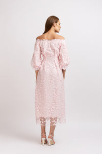 Light pink embroidered tulle midi dress with cut-out shoulders