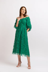 Green embroidered tulle midi dress with cut-out shoulders