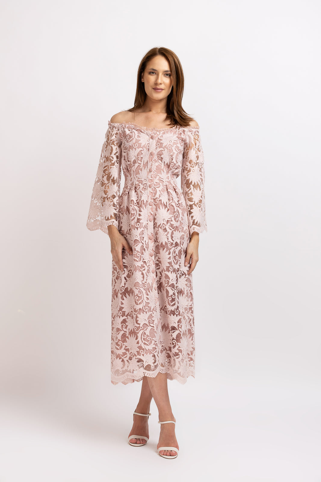 Load image into Gallery viewer, Dusty pink midi dress with cut-out shoulders