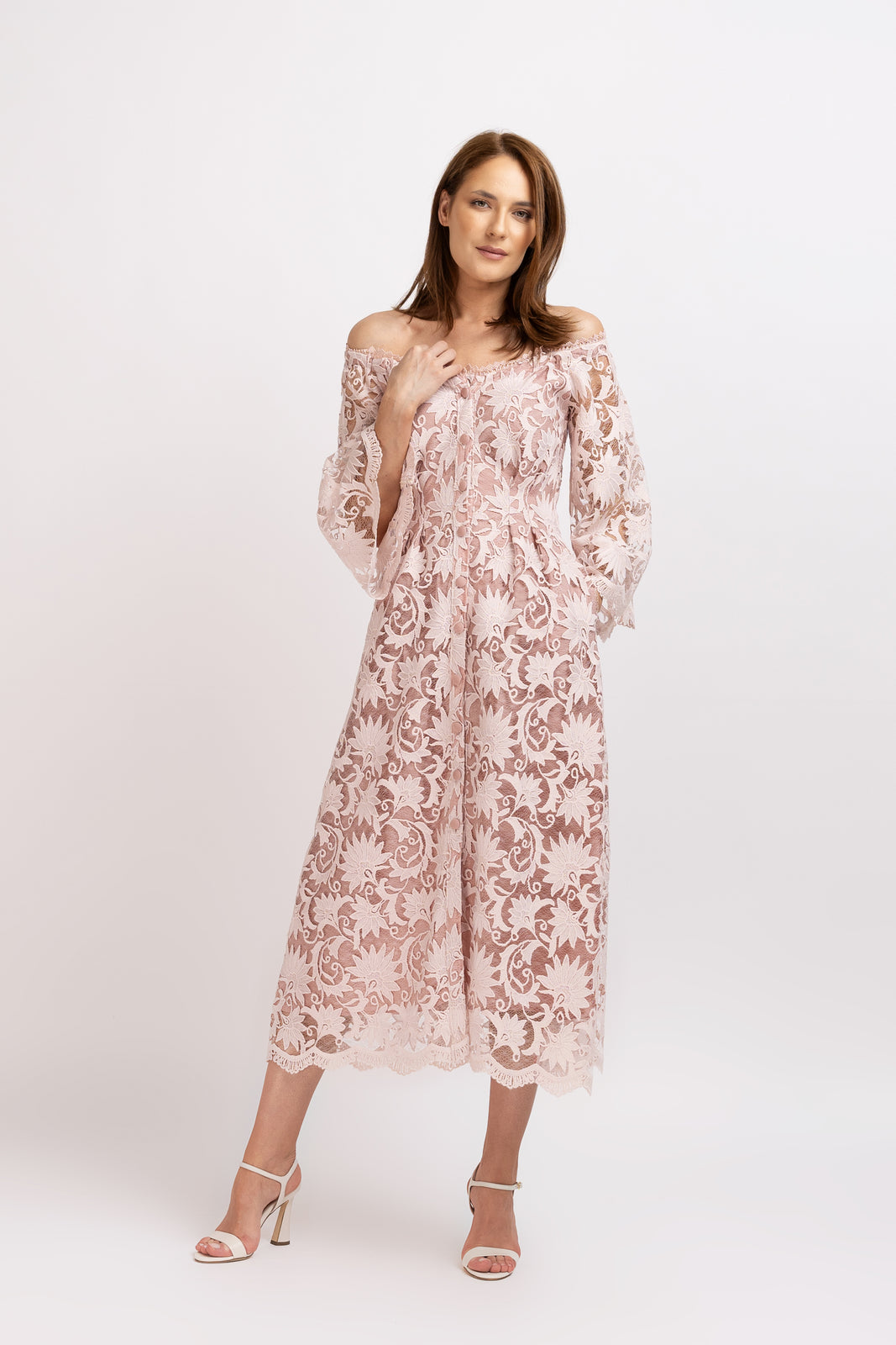 Load image into Gallery viewer, Dusty pink midi dress with cut-out shoulders