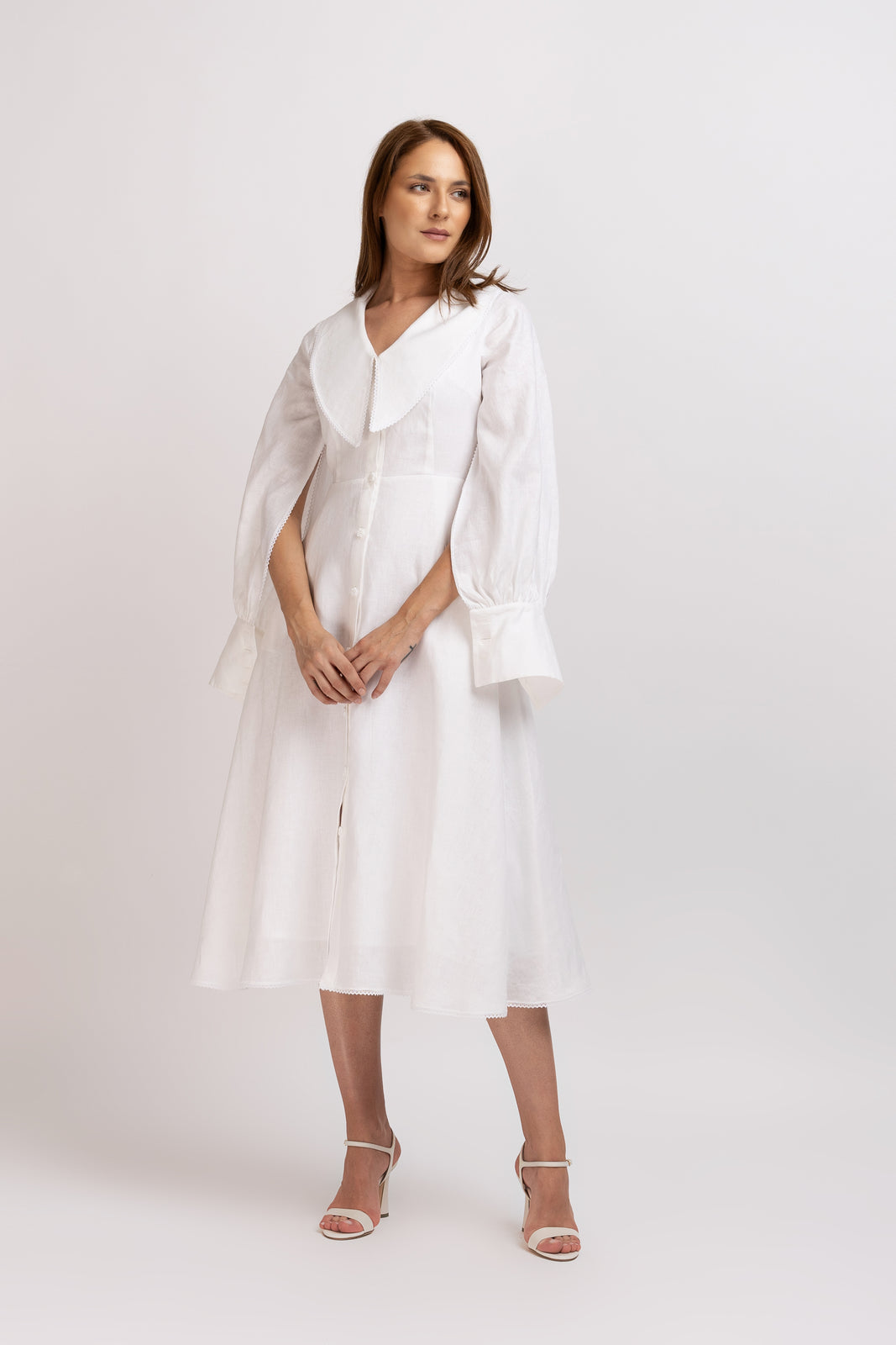 Load image into Gallery viewer, White linen type dress with computerized embroidery