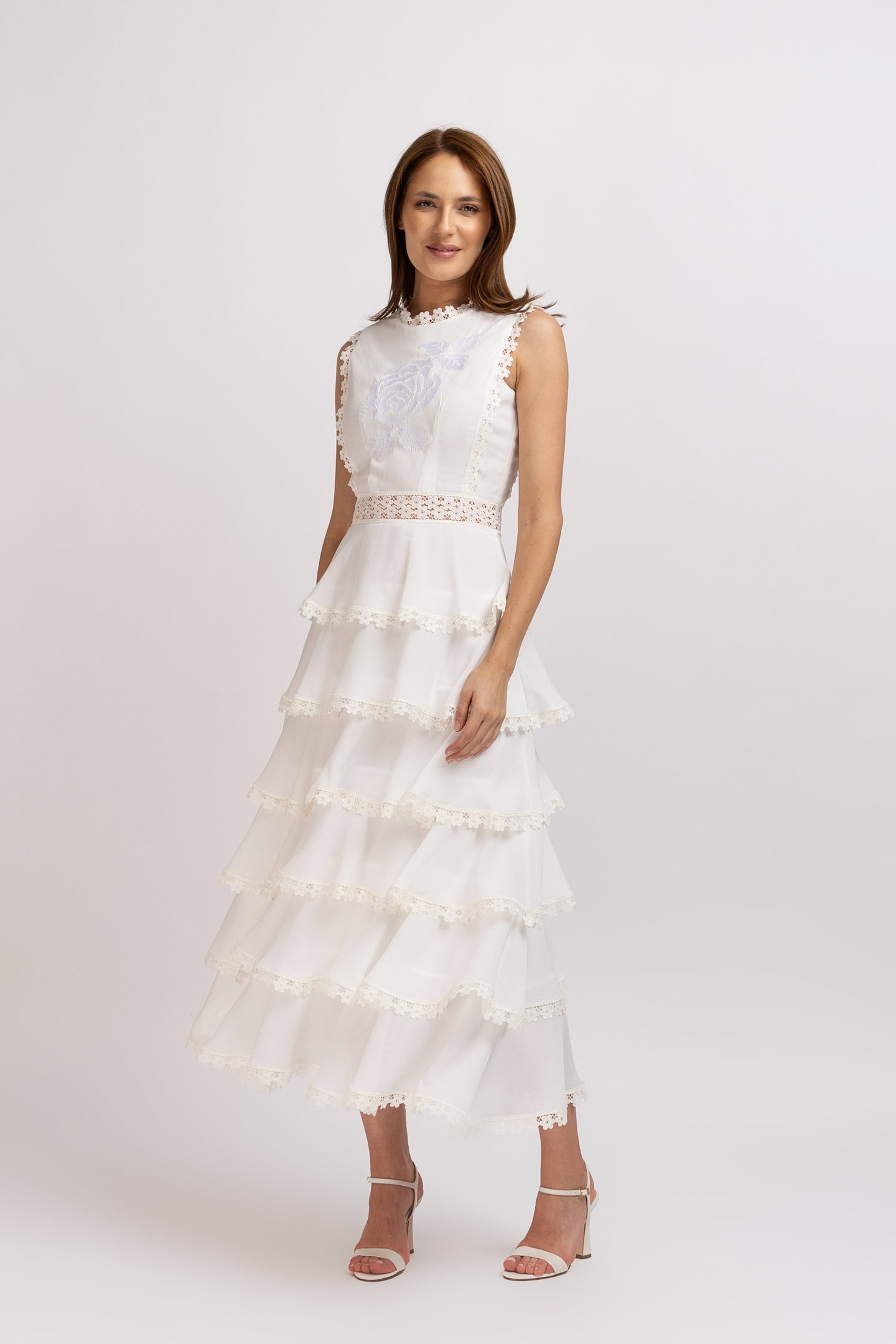 White viscose dress with frills and embroidered bust