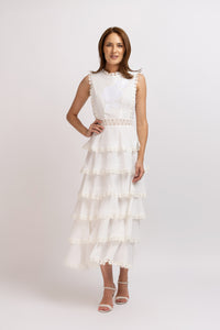 White viscose dress with frills and embroidered bust