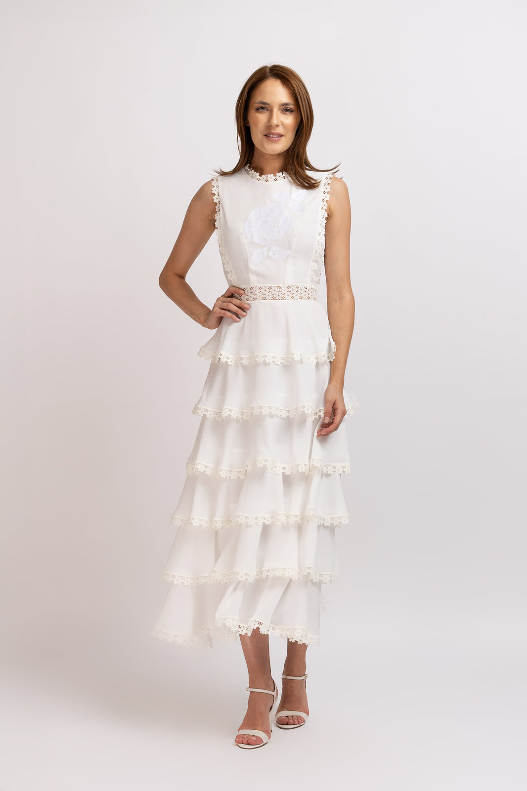 Load image into Gallery viewer, White viscose dress with frills and embroidered bust