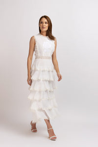 White viscose dress with frills and embroidered bust