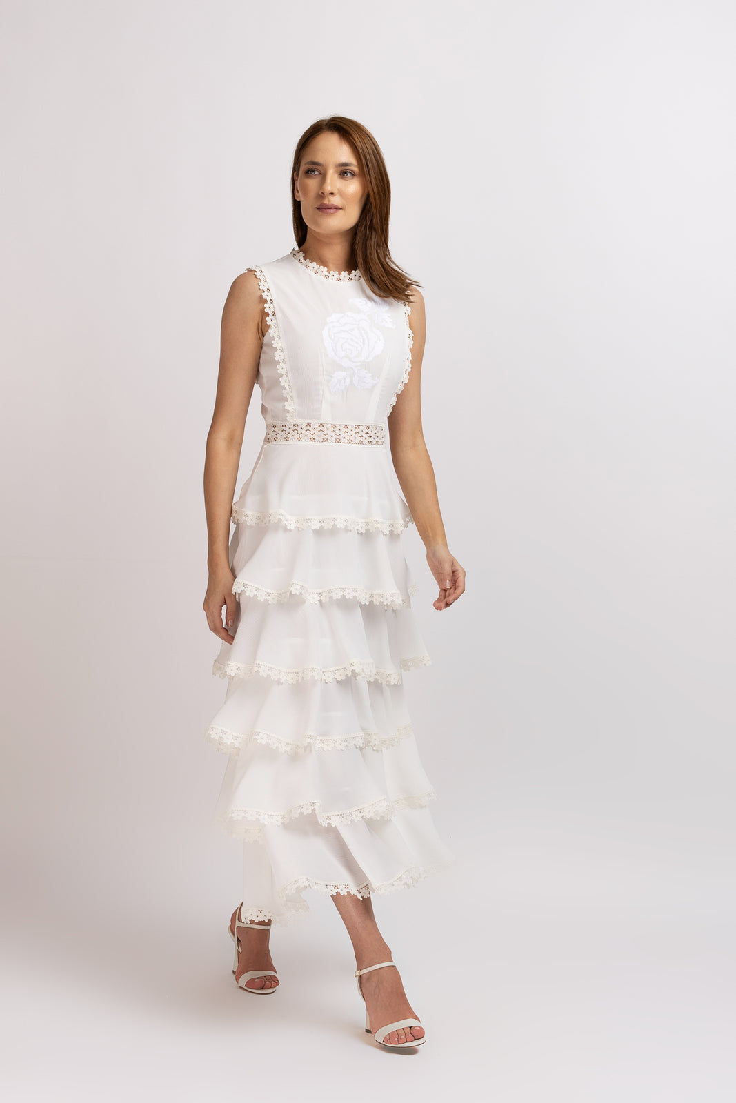 Load image into Gallery viewer, White viscose dress with frills and embroidered bust