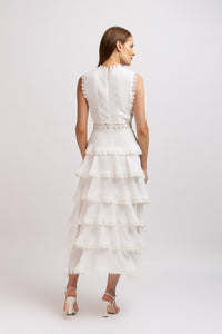 White viscose dress with frills and embroidered bust