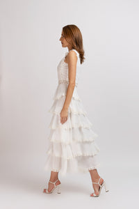 White viscose dress with frills and embroidered bust