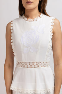 White viscose dress with frills and embroidered bust