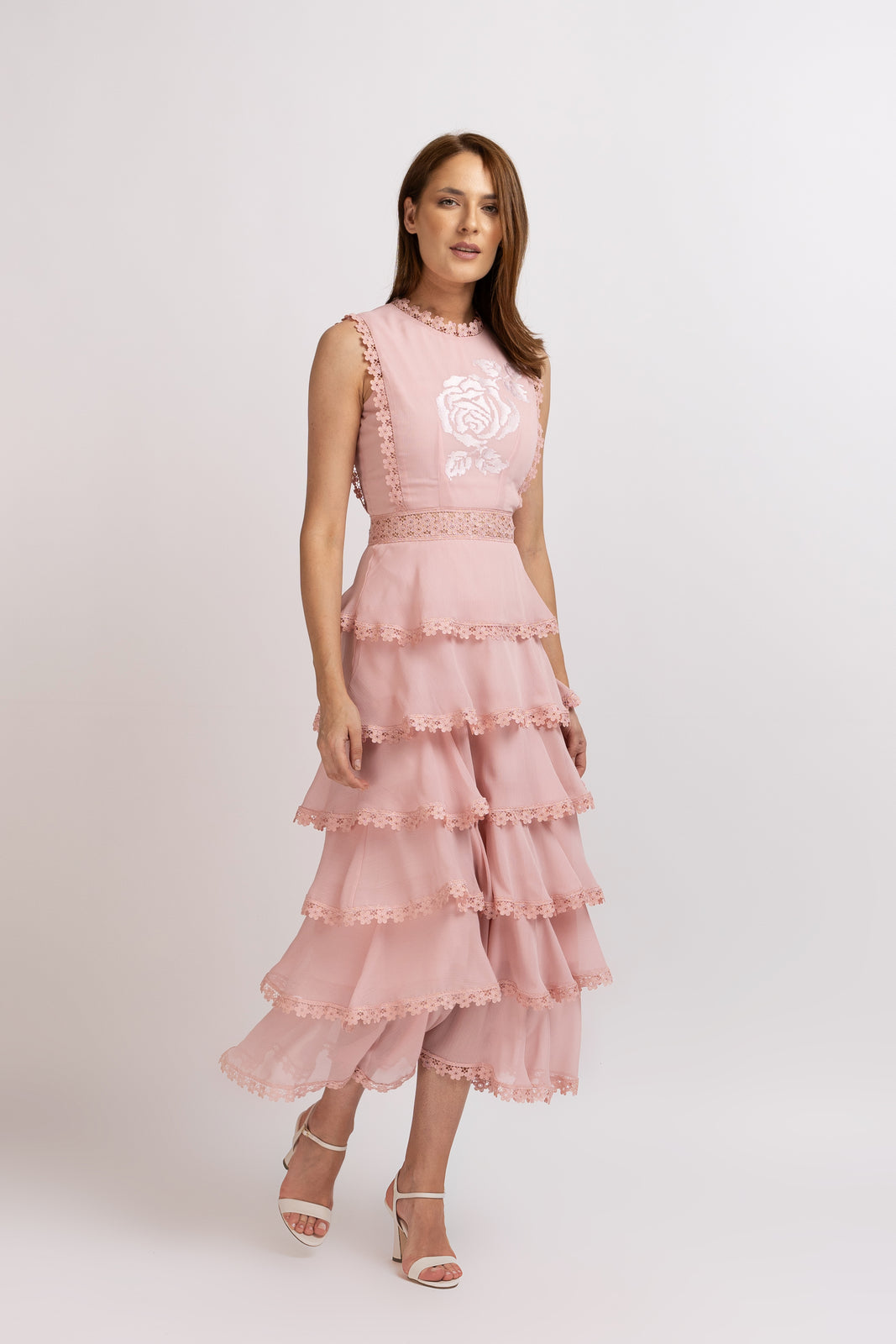 Load image into Gallery viewer, White viscose dress with frills and embroidered bust