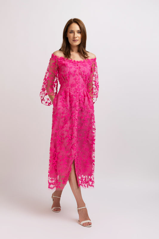 Fuchsia embroidered tulle midi dress with cut-out shoulders