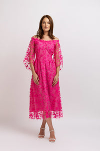 Fuchsia embroidered tulle midi dress with cut-out shoulders