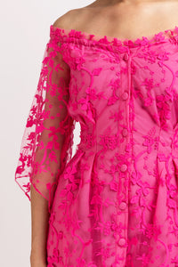 Fuchsia embroidered tulle midi dress with cut-out shoulders