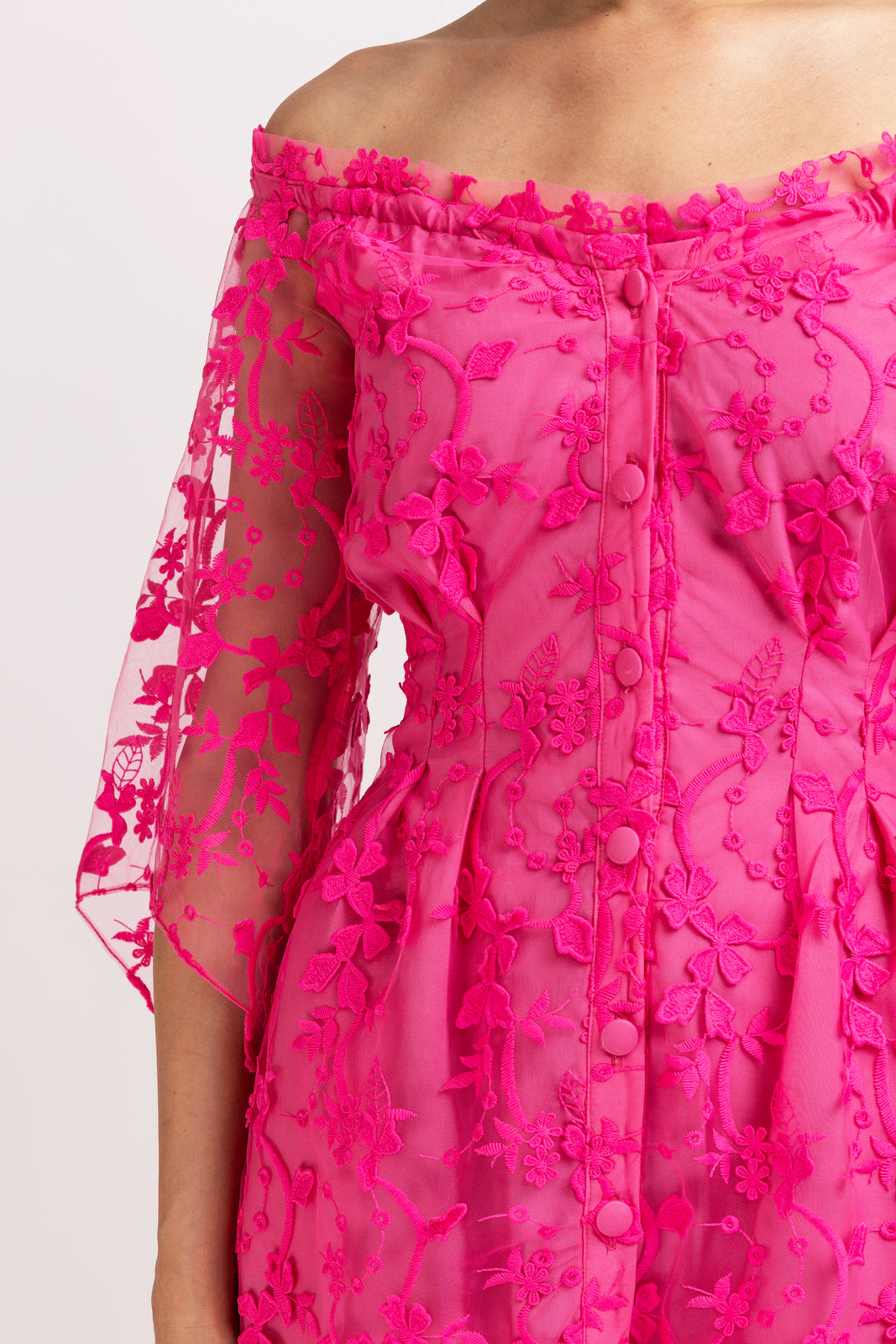 Load image into Gallery viewer, Fuchsia embroidered tulle midi dress with cut-out shoulders