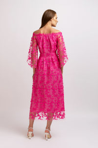 Fuchsia embroidered tulle midi dress with cut-out shoulders