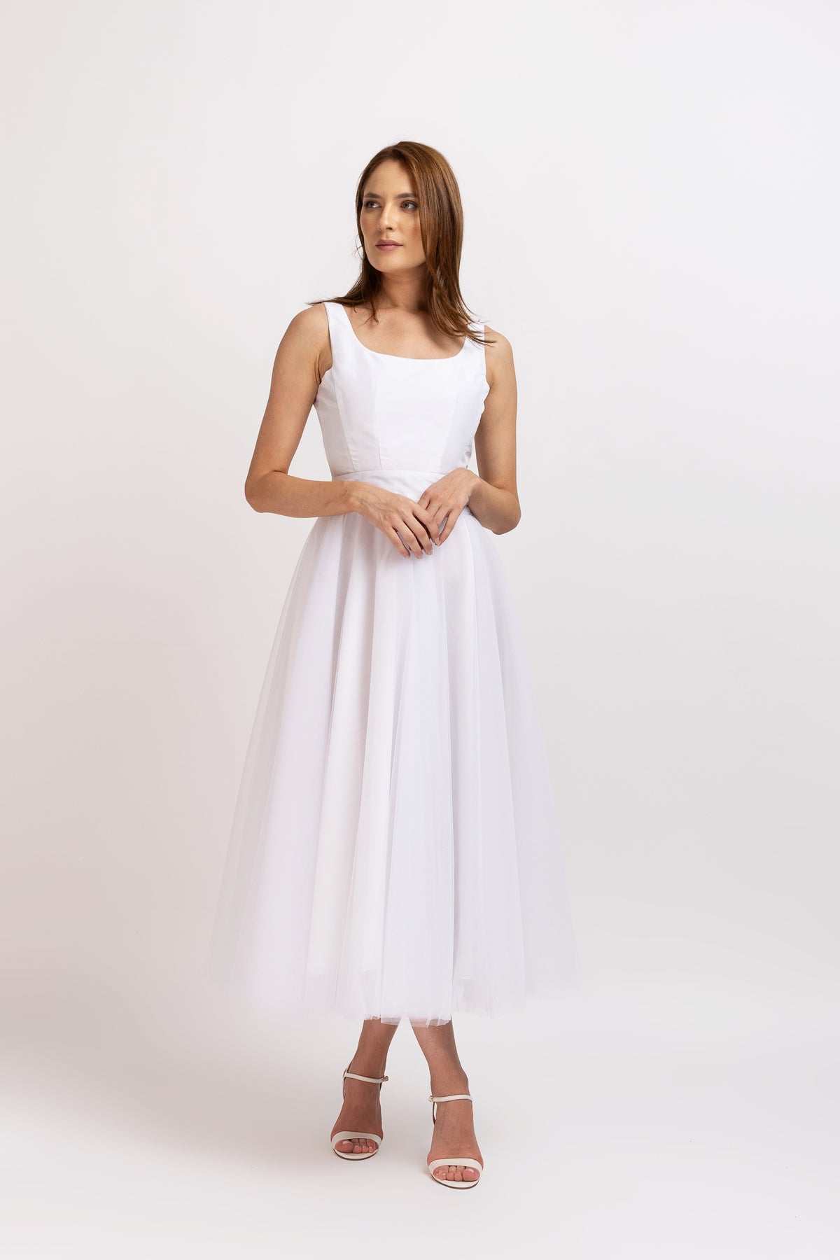 White midi dress in taffeta and tulle 