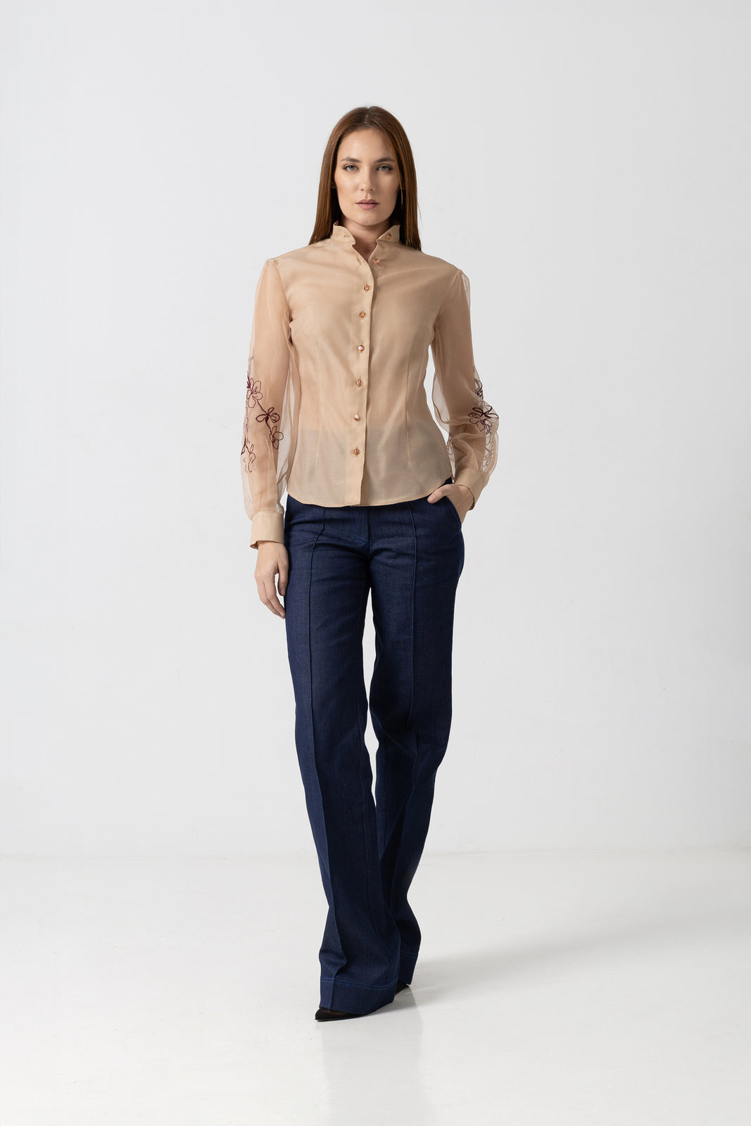 Load image into Gallery viewer, Organza shirt with ivory natural silk and floral embroidery