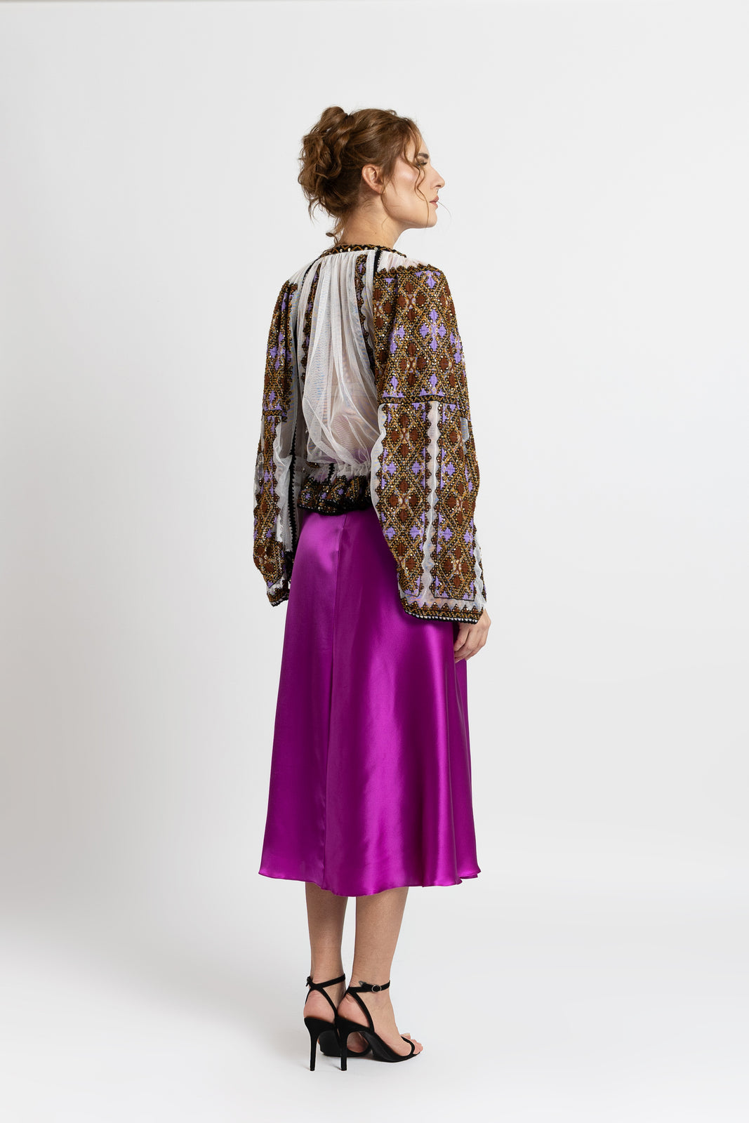 Load image into Gallery viewer, Hand-sewn ie blouse with beads and rich geometric embroidery in earthy and violet tones
