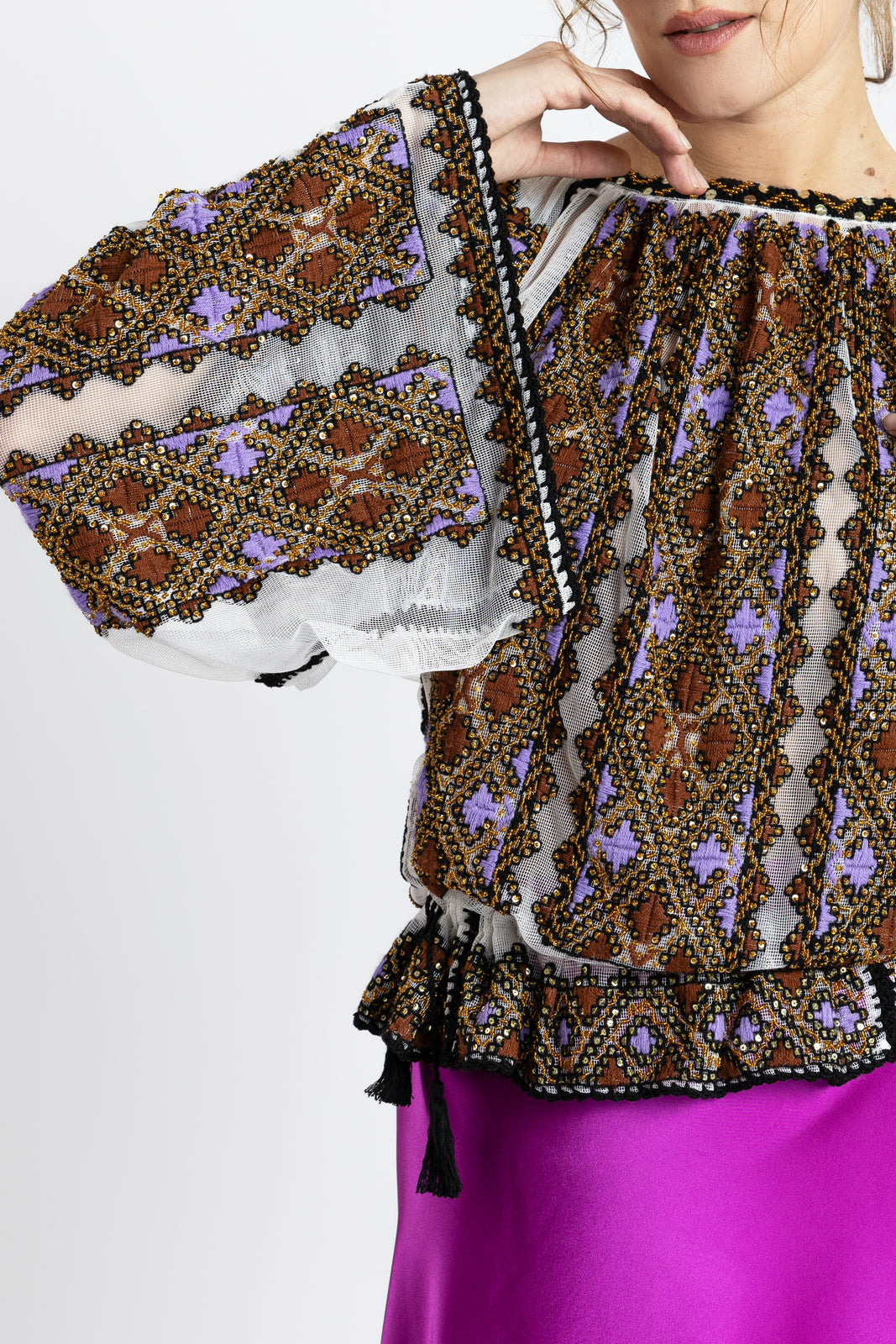 Load image into Gallery viewer, Hand-sewn ie blouse with beads and rich geometric embroidery in earthy and violet tones
