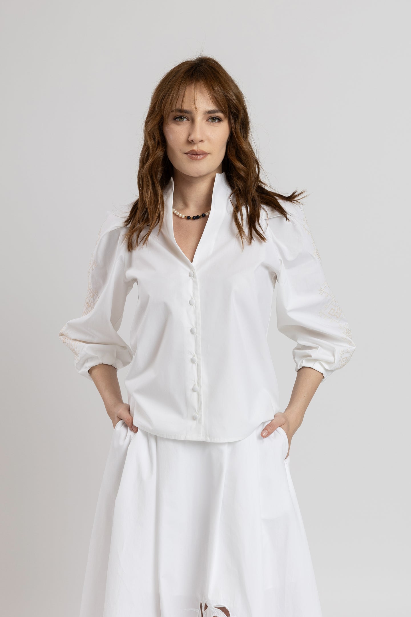 Tunic shirt with purple computer embroidery