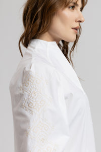 Tunic shirt with purple computer embroidery