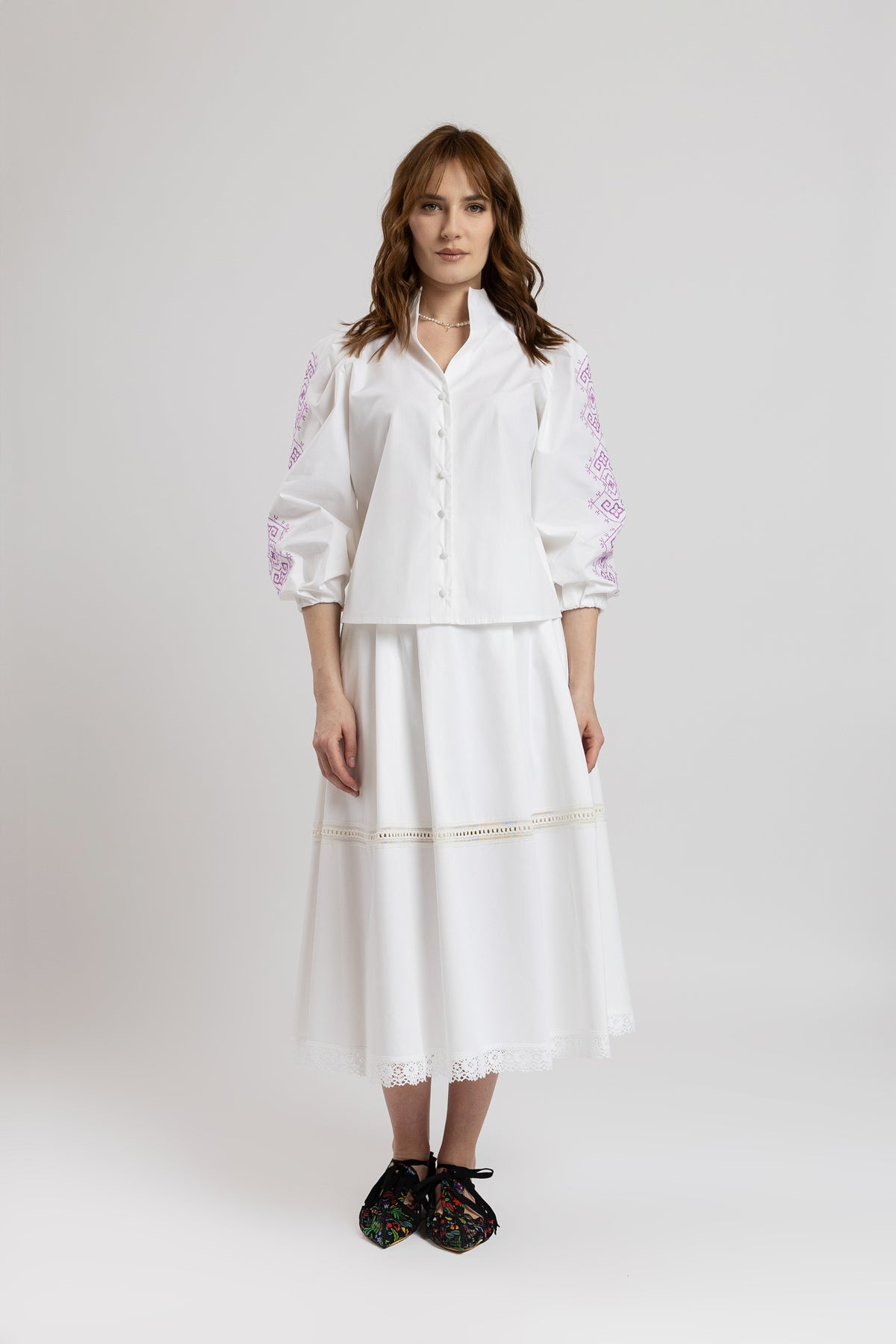 Tunic shirt with purple computer embroidery