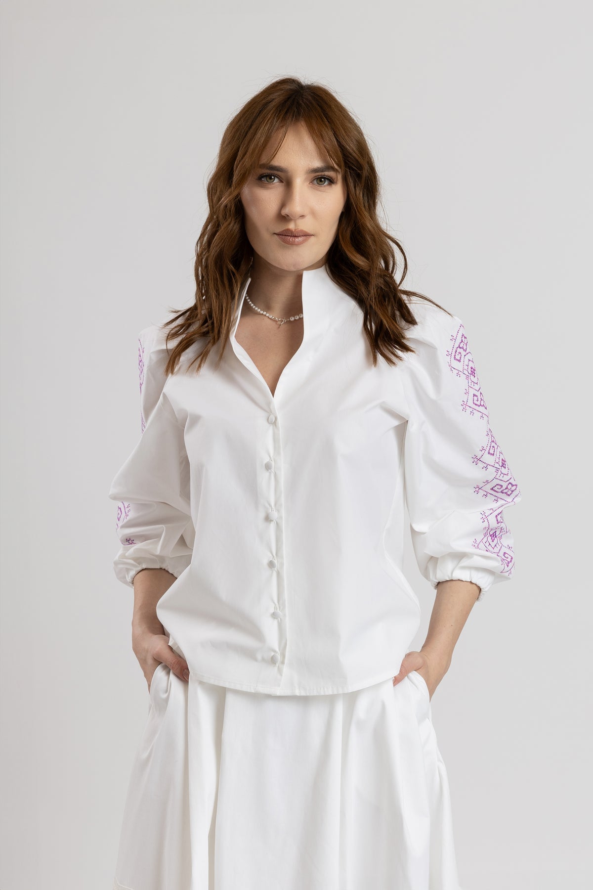 Tunic shirt with purple computer embroidery